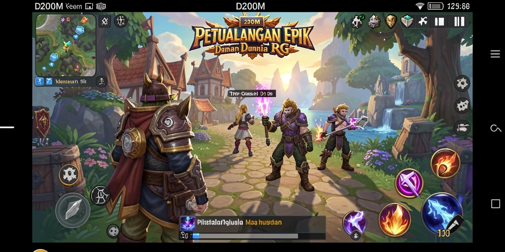Tangkapan layar utama D200M yang menunjukkan pertempuran epik di dunia RPG.