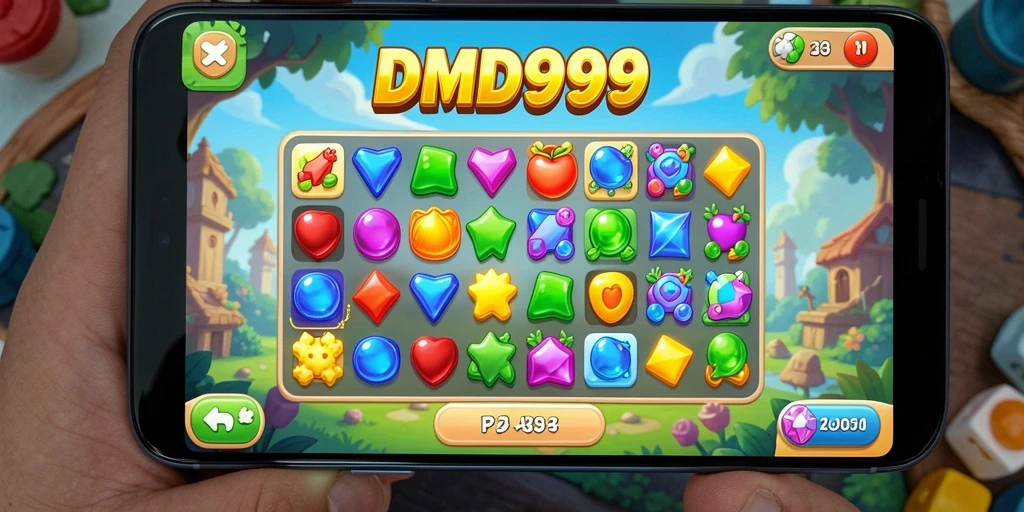 Screenshot gameplay DMD999 dengan aksi Match-3 yang seru.