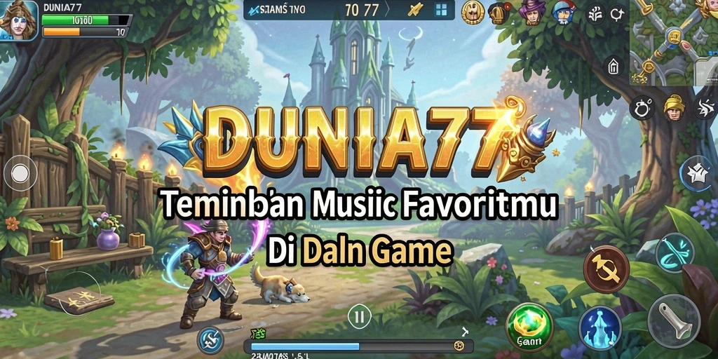 Tampilan gameplay DUNIA77 yang penuh warna dan interaktif dengan musik.