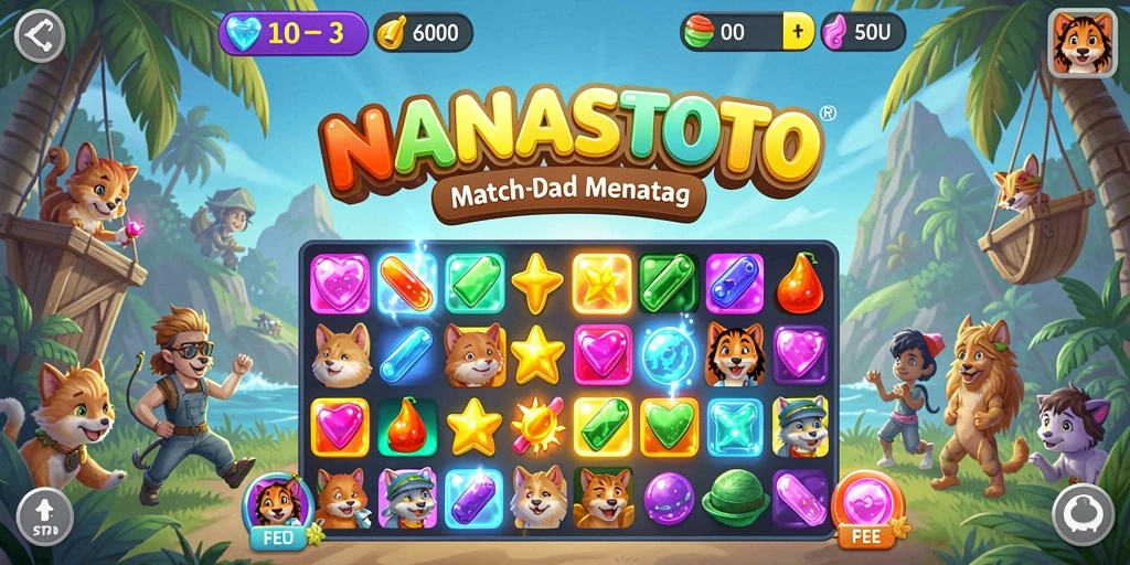 Screenshot NANASTOTO menampilkan aksi seru mencocokkan elemen di gameplay Match-3.