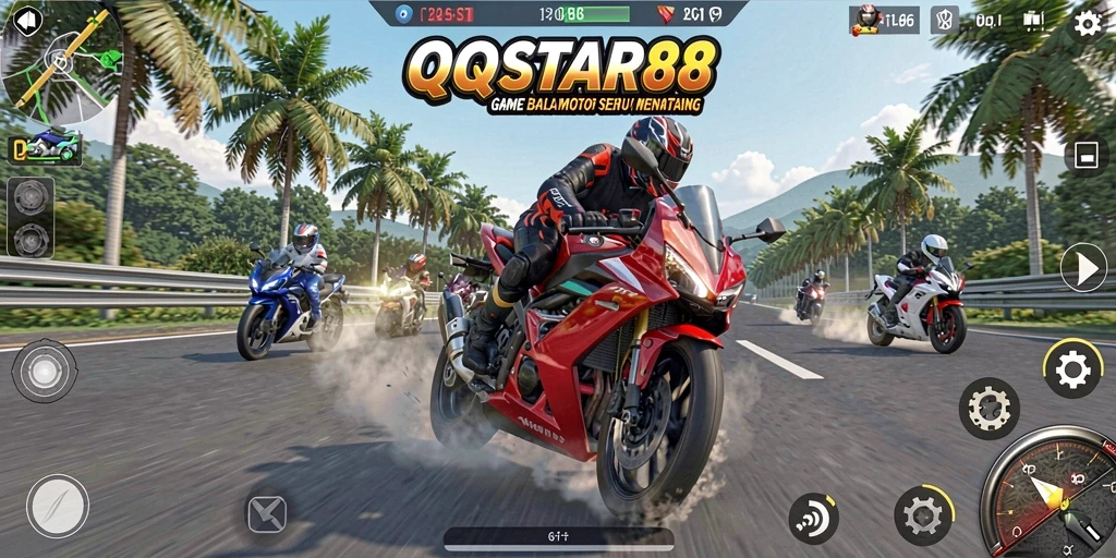Screenshot QQSTAR88 menampilkan aksi balap motor yang mendebarkan.