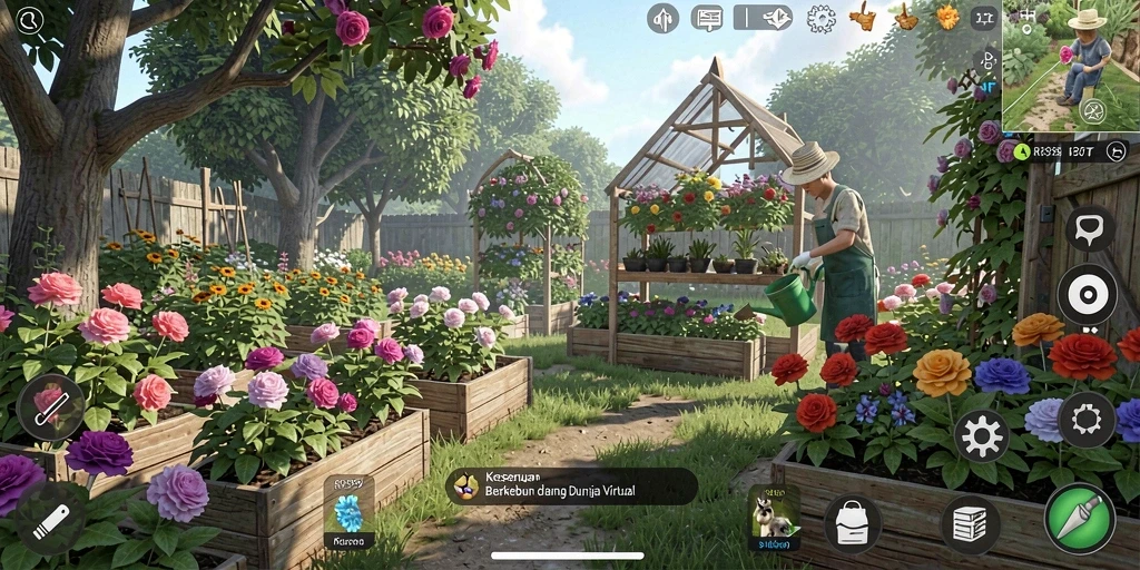 Screenshot gameplay RR999 menampilkan kebun yang subur dan aktivitas bertani.