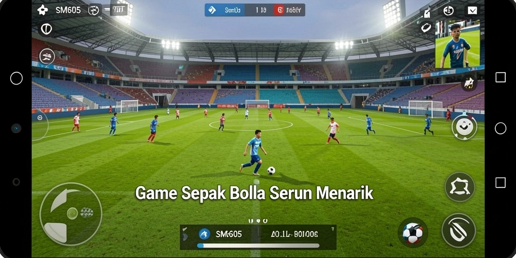 Screenshot gameplay SM605 menampilkan suasana pertandingan sepak bola yang mendebarkan.